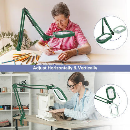 10X Large Magnifying Glass with Light and Clamp, Real Glass, 5 Color Modes, Stepless Dimmable, Lighted Magnifier with Stand Hands Free, LED Swing Arm Desk Lamp for Close Work, Craft, Reading, Painting