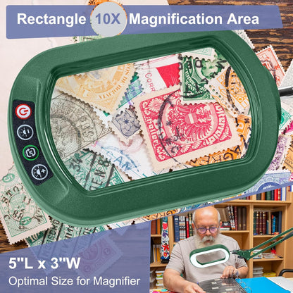 10X Large Magnifying Glass with Light and Clamp, Real Glass, 5 Color Modes, Stepless Dimmable, Lighted Magnifier with Stand Hands Free, LED Swing Arm Desk Lamp for Close Work, Craft, Reading, Painting