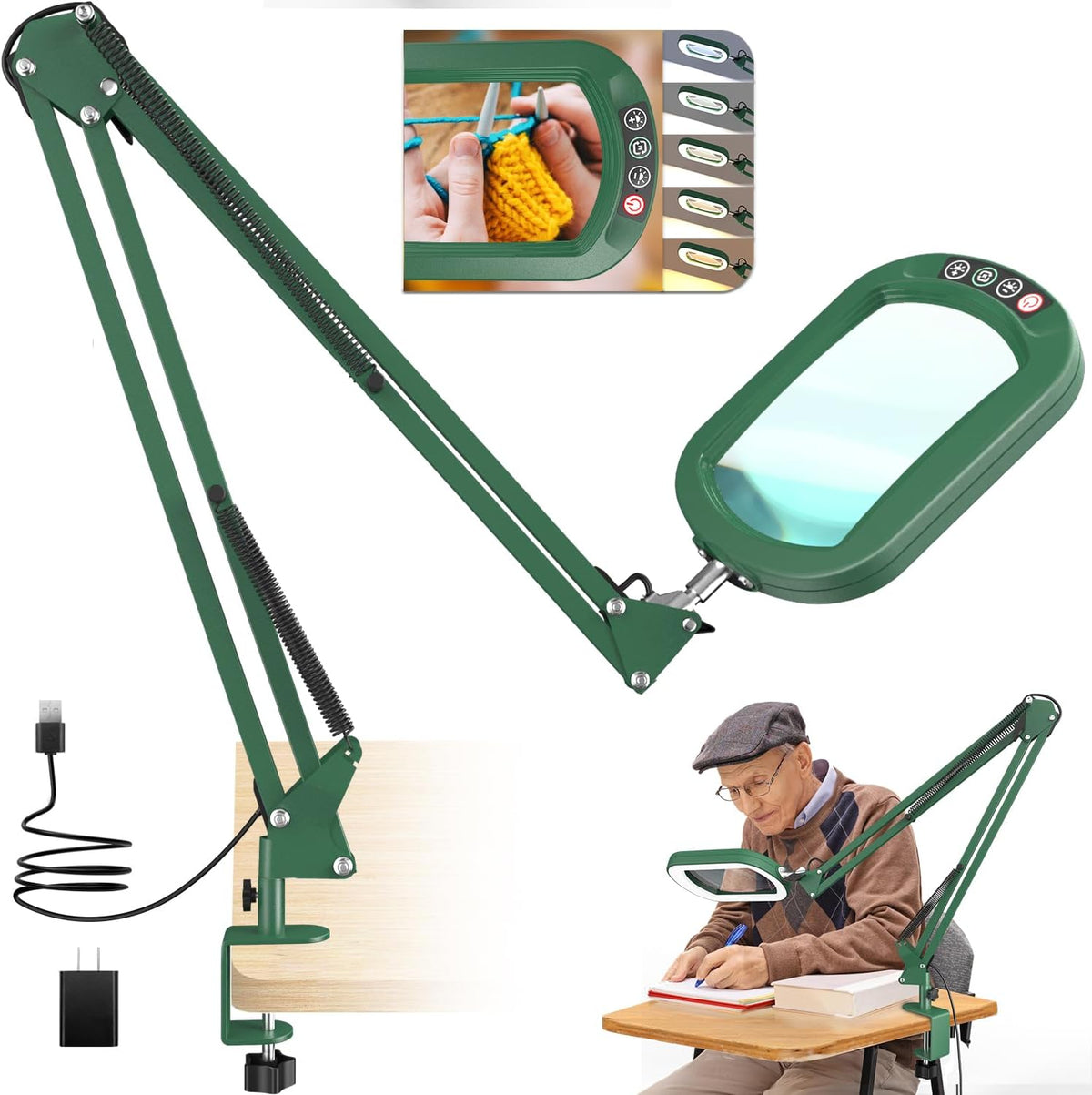 10X Large Magnifying Glass with Light and Clamp, Real Glass, 5 Color Modes, Stepless Dimmable, Lighted Magnifier with Stand Hands Free, LED Swing Arm Desk Lamp for Close Work, Craft, Reading, Painting