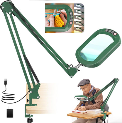 10X Large Magnifying Glass with Light and Clamp, Real Glass, 5 Color Modes, Stepless Dimmable, Lighted Magnifier with Stand Hands Free, LED Swing Arm Desk Lamp for Close Work, Craft, Reading, Painting