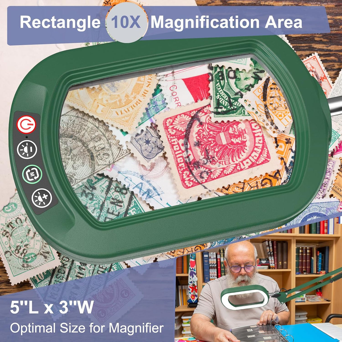 10X Large Magnifying Glass with Light and Clamp, Real Glass, 5 Color Modes, Stepless Dimmable, Lighted Magnifier with Stand Hands Free, LED Swing Arm Desk Lamp for Close Work, Craft, Reading, Painting