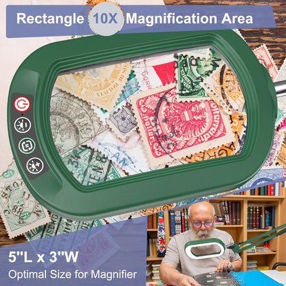 10X Large Magnifying Glass with Light and Clamp, Real Glass, 5 Color Modes, Stepless Dimmable, Lighted Magnifier with Stand Hands Free, LED Swing Arm Desk Lamp for Close Work, Craft, Reading, Painting