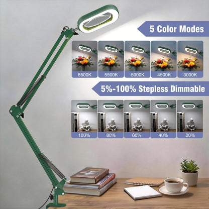 10X Large Magnifying Glass with Light and Clamp, Real Glass, 5 Color Modes, Stepless Dimmable, Lighted Magnifier with Stand Hands Free, LED Swing Arm Desk Lamp for Close Work, Craft, Reading, Painting