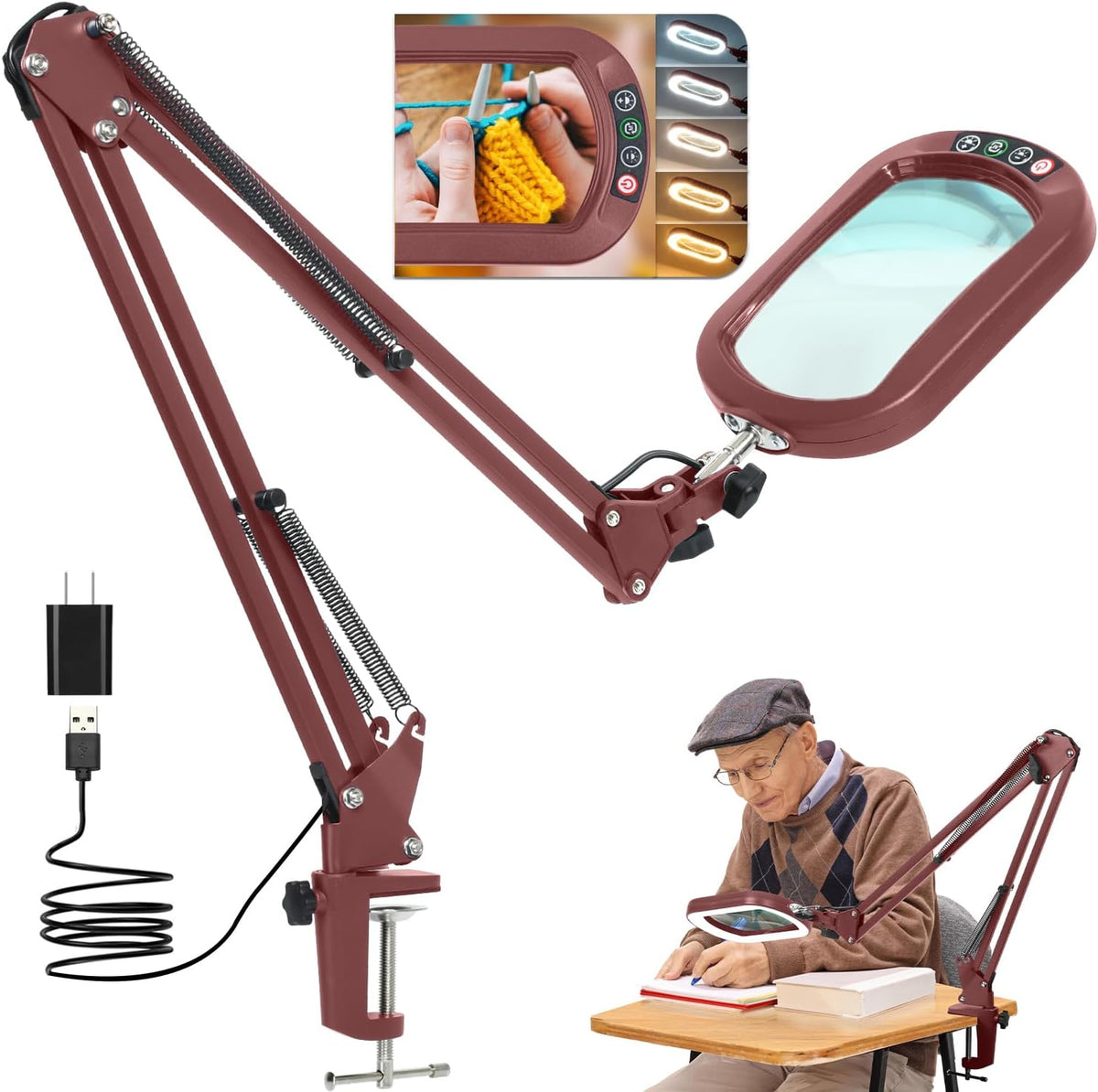 10X Large Magnifying Glass with Light and Clamp, Real Glass, 5 Color Modes, Stepless Dimmable, Lighted Magnifier with Stand Hands Free, LED Swing Arm Desk Lamp for Close Work, Craft, Reading, Painting