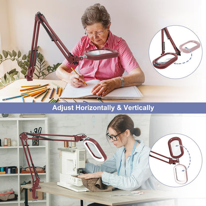 10X Large Magnifying Glass with Light and Clamp, Real Glass, 5 Color Modes, Stepless Dimmable, Lighted Magnifier with Stand Hands Free, LED Swing Arm Desk Lamp for Close Work, Craft, Reading, Painting