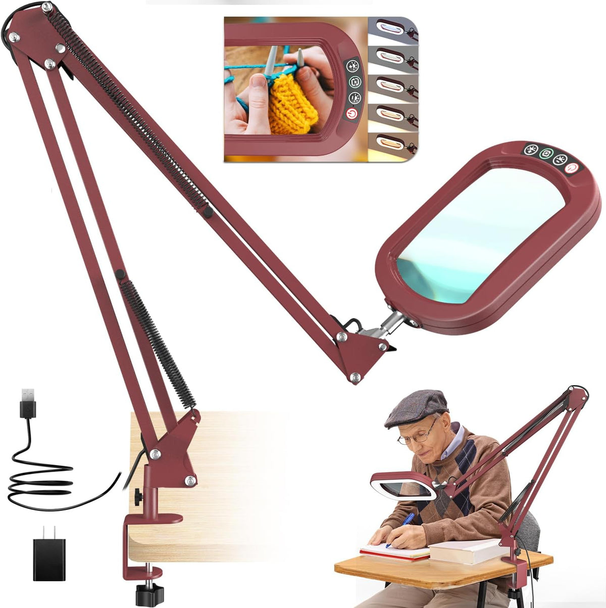 10X Large Magnifying Glass with Light and Clamp, Real Glass, 5 Color Modes, Stepless Dimmable, Lighted Magnifier with Stand Hands Free, LED Swing Arm Desk Lamp for Close Work, Craft, Reading, Painting