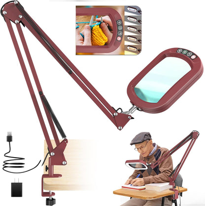 10X Large Magnifying Glass with Light and Clamp, Real Glass, 5 Color Modes, Stepless Dimmable, Lighted Magnifier with Stand Hands Free, LED Swing Arm Desk Lamp for Close Work, Craft, Reading, Painting