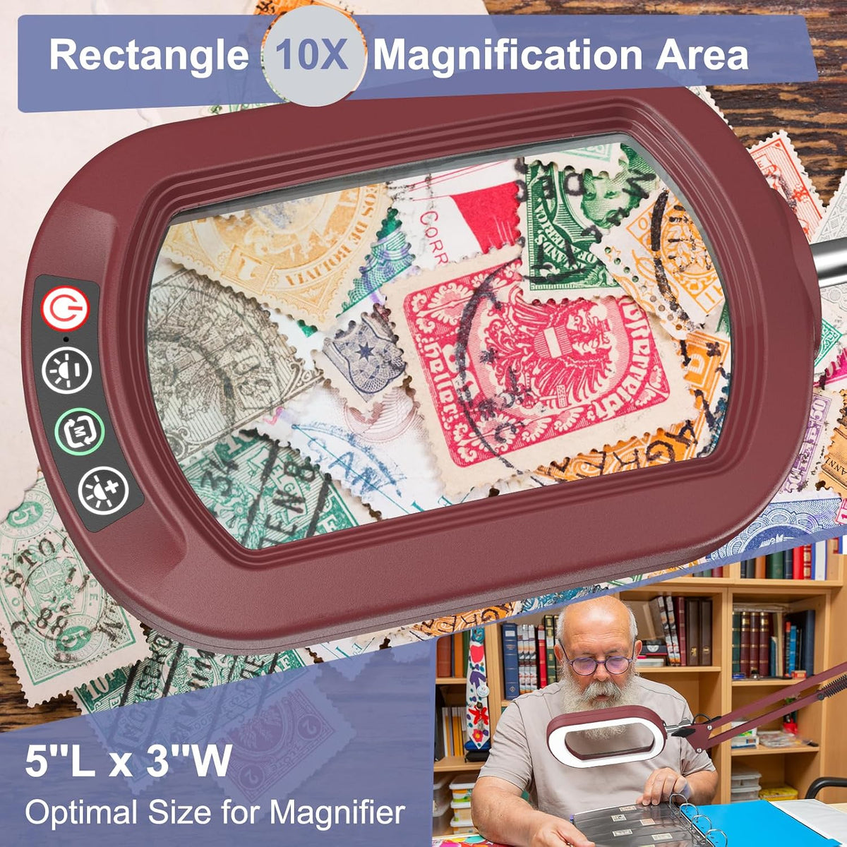 10X Large Magnifying Glass with Light and Clamp, Real Glass, 5 Color Modes, Stepless Dimmable, Lighted Magnifier with Stand Hands Free, LED Swing Arm Desk Lamp for Close Work, Craft, Reading, Painting
