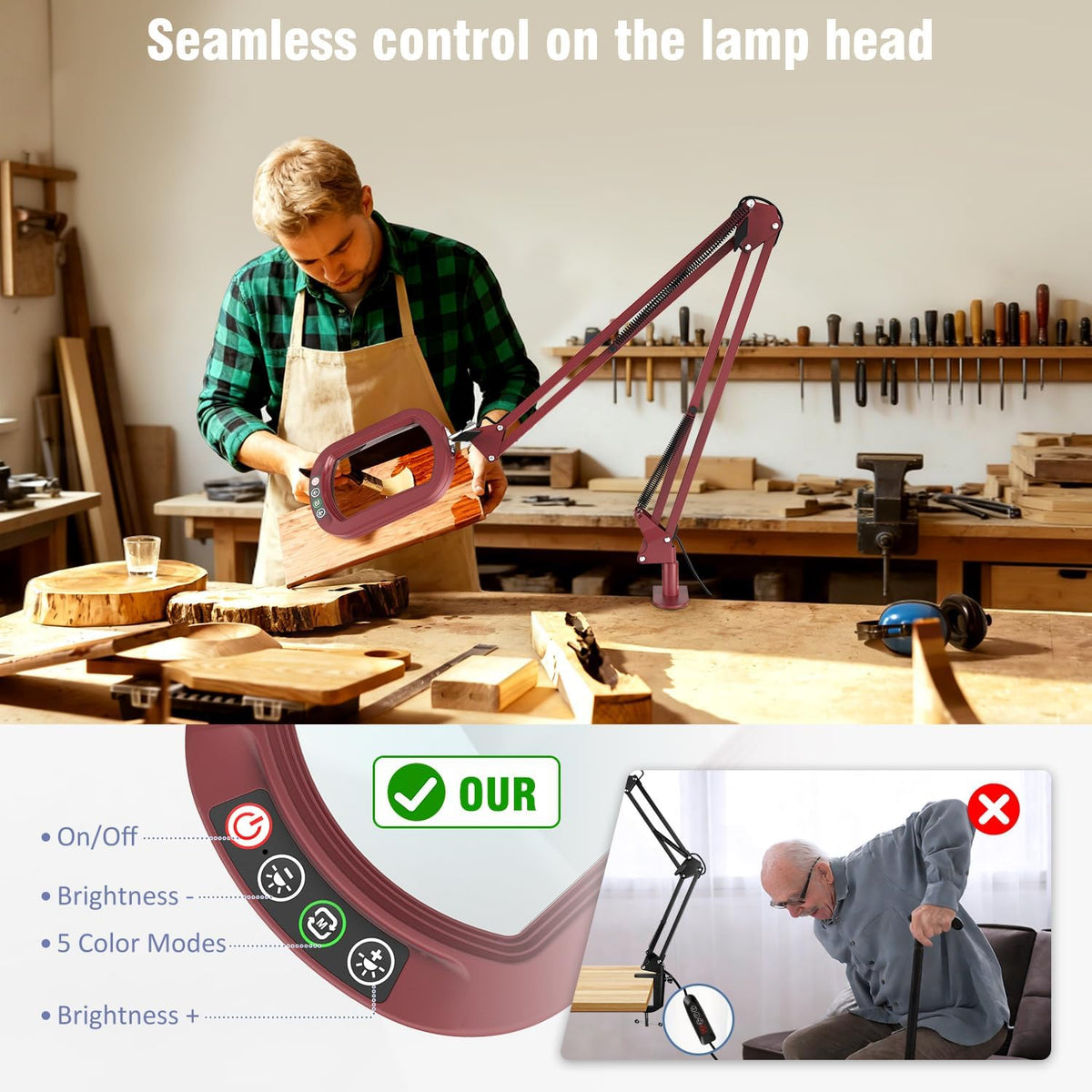 10X Large Magnifying Glass with Light and Clamp, Real Glass, 5 Color Modes, Stepless Dimmable, Lighted Magnifier with Stand Hands Free, LED Swing Arm Desk Lamp for Close Work, Craft, Reading, Painting