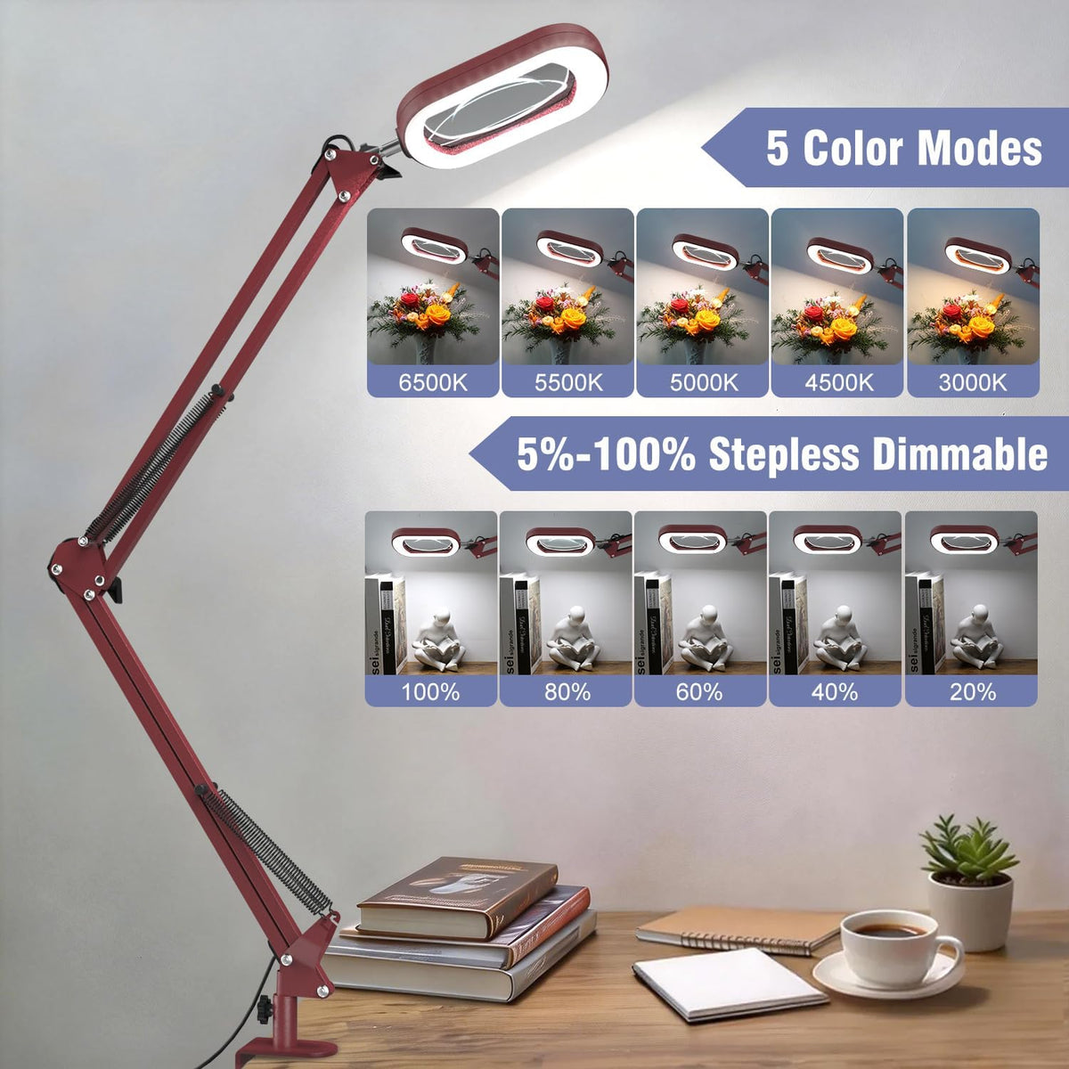 10X Large Magnifying Glass with Light and Clamp, Real Glass, 5 Color Modes, Stepless Dimmable, Lighted Magnifier with Stand Hands Free, LED Swing Arm Desk Lamp for Close Work, Craft, Reading, Painting