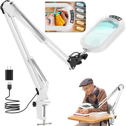 10X Large Magnifying Glass with Light and Clamp, Real Glass, 5 Color Modes, Stepless Dimmable, Lighted Magnifier with Stand Hands Free, LED Swing Arm Desk Lamp for Close Work, Craft, Reading, Painting