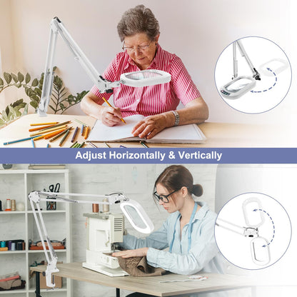 10X Large Magnifying Glass with Light and Clamp, Real Glass, 5 Color Modes, Stepless Dimmable, Lighted Magnifier with Stand Hands Free, LED Swing Arm Desk Lamp for Close Work, Craft, Reading, Painting