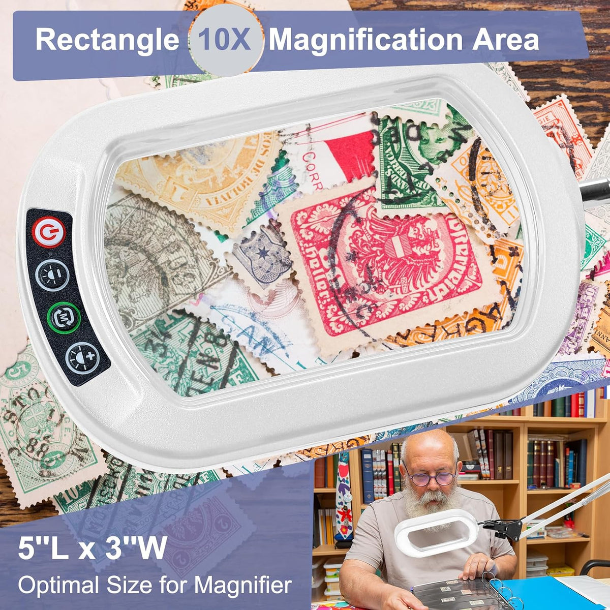 10X Large Magnifying Glass with Light and Clamp, Real Glass, 5 Color Modes, Stepless Dimmable, Lighted Magnifier with Stand Hands Free, LED Swing Arm Desk Lamp for Close Work, Craft, Reading, Painting