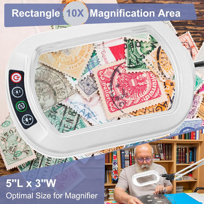 10X Large Magnifying Glass with Light and Clamp, Real Glass, 5 Color Modes, Stepless Dimmable, Lighted Magnifier with Stand Hands Free, LED Swing Arm Desk Lamp for Close Work, Craft, Reading, Painting