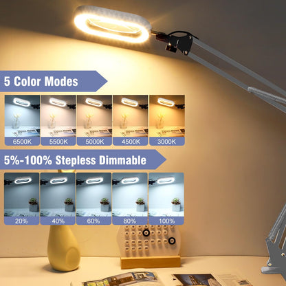 10X Large Magnifying Glass with Light and Clamp, Real Glass, 5 Color Modes, Stepless Dimmable, Lighted Magnifier with Stand Hands Free, LED Swing Arm Desk Lamp for Close Work, Craft, Reading, Painting