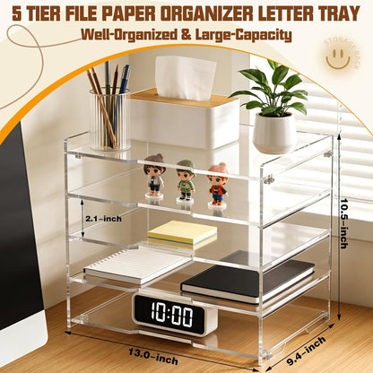 5 Tier Large Capacity Acrylic Desk Organizer, Clear Paper Tray