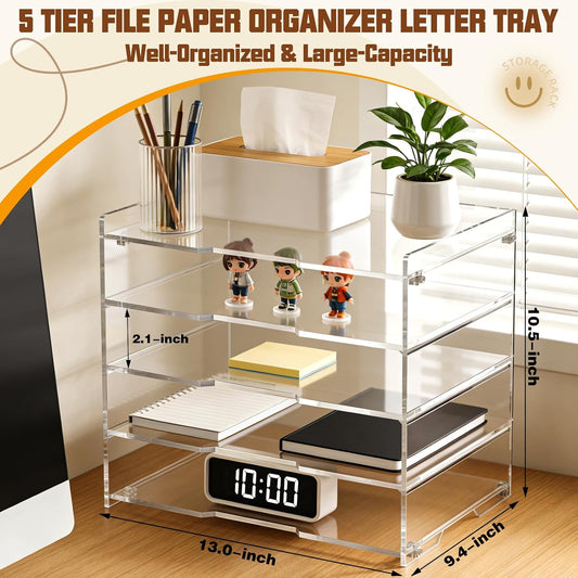 5 Tier Large Capacity Acrylic Desk Organizer, Clear Paper Tray