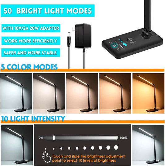 LED Desk Lamp with Wireless Charger, USB Charging Port, Eye Care