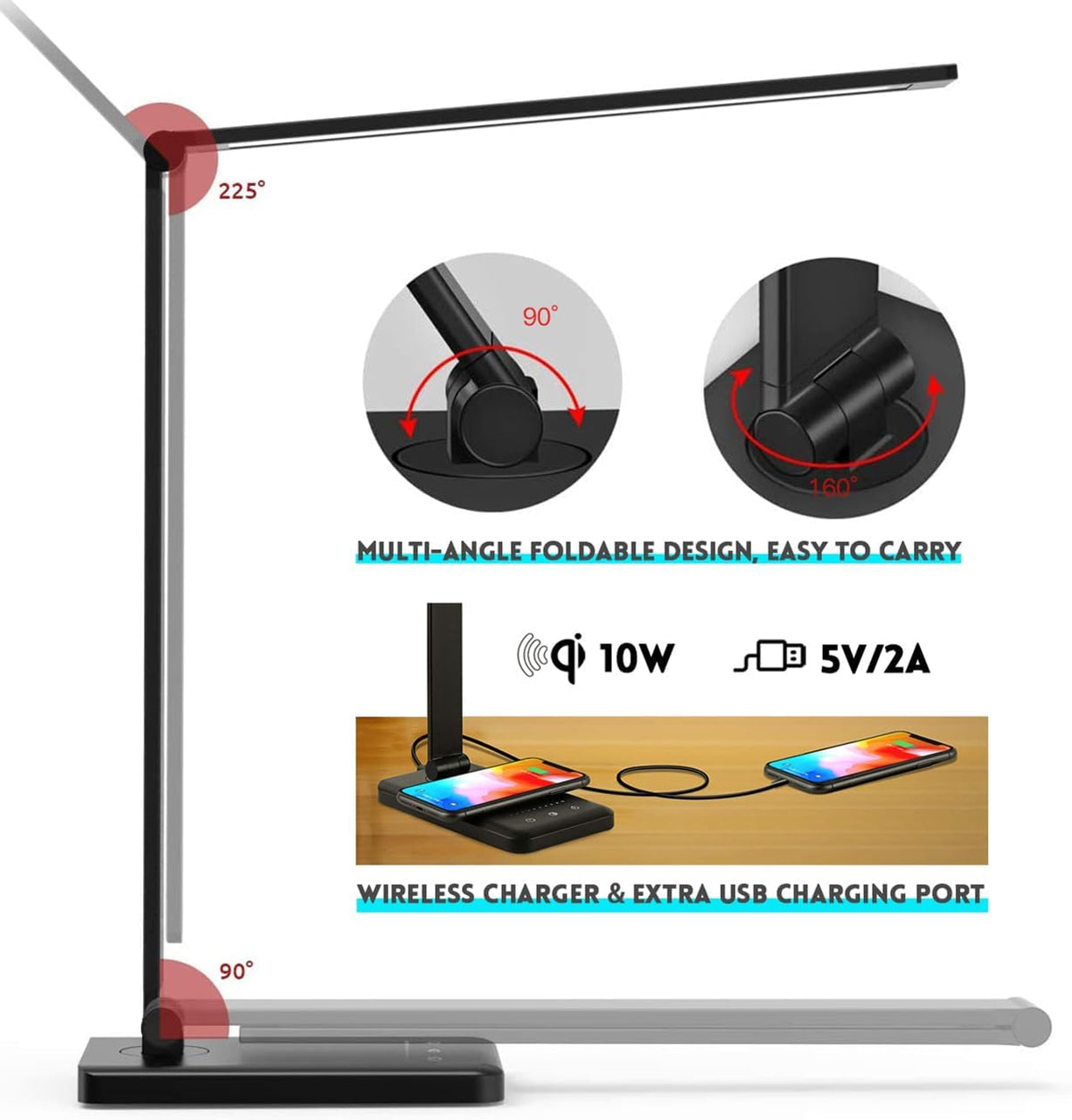 LED Desk Lamp with Wireless Charger, USB Charging Port, Eye Care