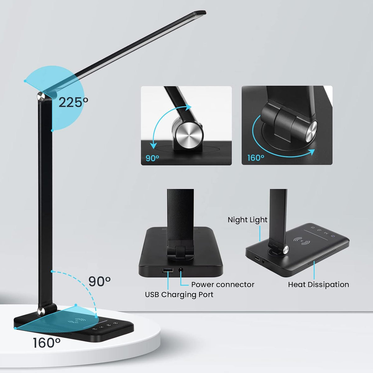 LED Desk Lamp with Wireless Charger, USB Charging Port, Eye Care