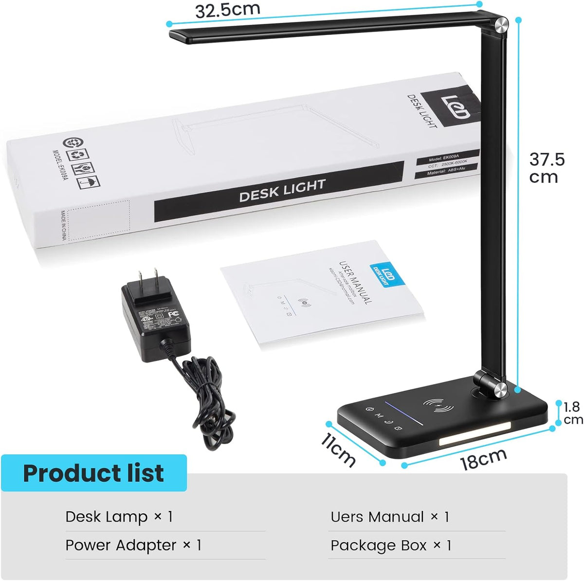 LED Desk Lamp with Wireless Charger, USB Charging Port, Eye Care