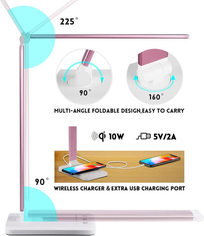 LED Desk Lamp with Wireless Charger, USB Charging Port, Eye Care