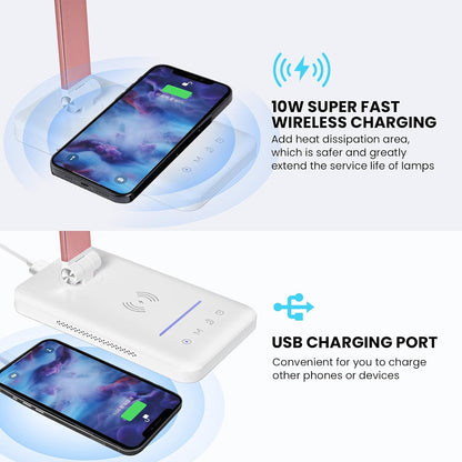 LED Desk Lamp with Wireless Charger, USB Charging Port, Eye Care