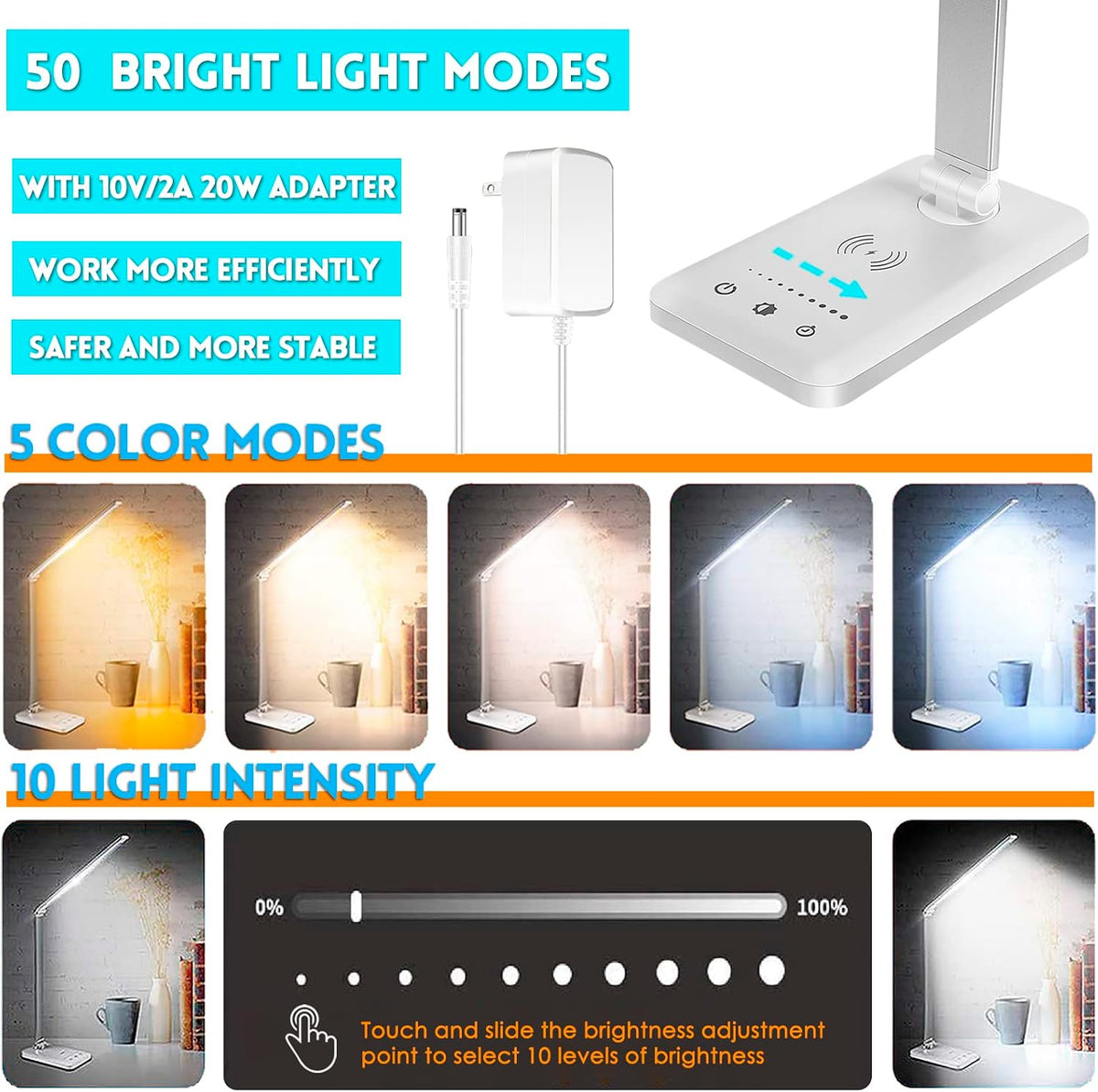 LED Desk Lamp with Wireless Charger, USB Charging Port, Eye Care