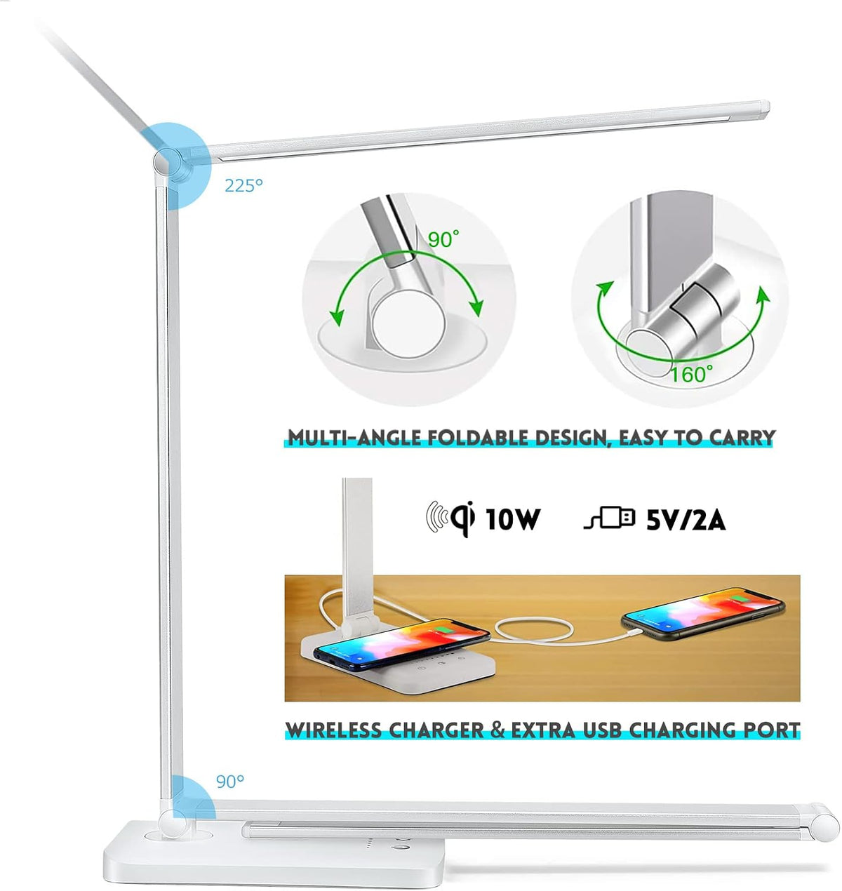 LED Desk Lamp with Wireless Charger, USB Charging Port, Eye Care