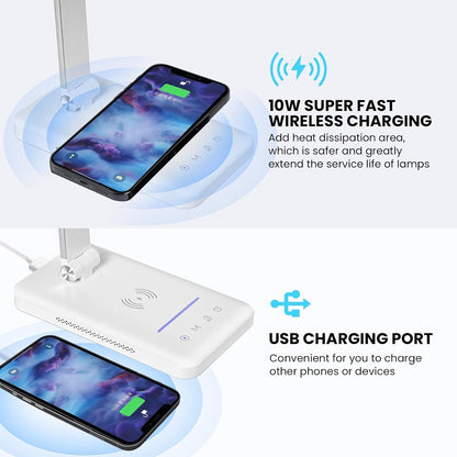 LED Desk Lamp with Wireless Charger, USB Charging Port, Eye Care