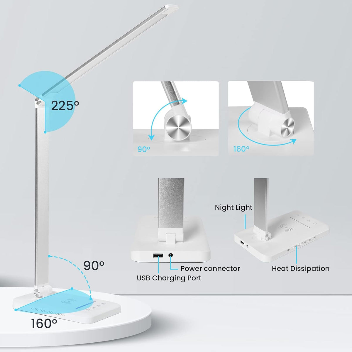 LED Desk Lamp with Wireless Charger, USB Charging Port, Eye Care