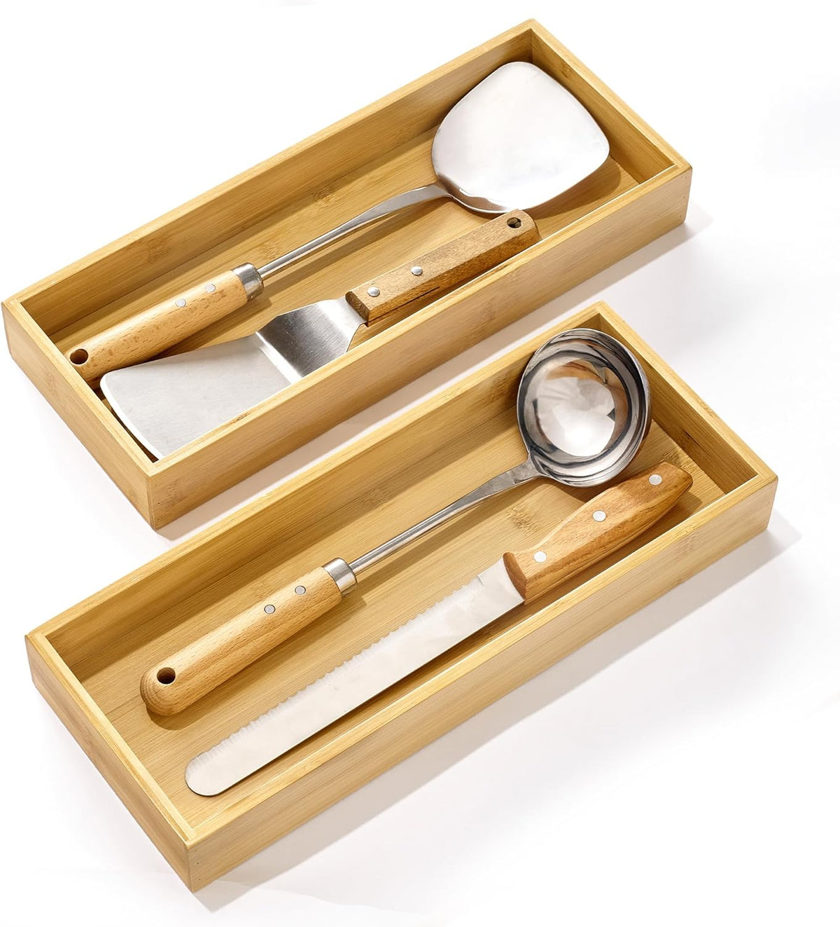 2 Pack Bamboo Drawer Organizer Boxes, Junk Drawer Storage Trays