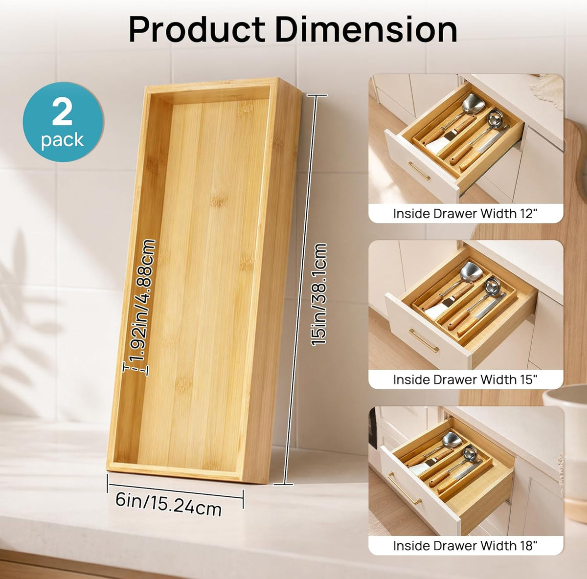 2 Pack Bamboo Drawer Organizer Boxes, Junk Drawer Storage Trays