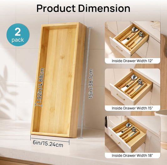 2 Pack Bamboo Drawer Organizer Boxes, Junk Drawer Storage Trays
