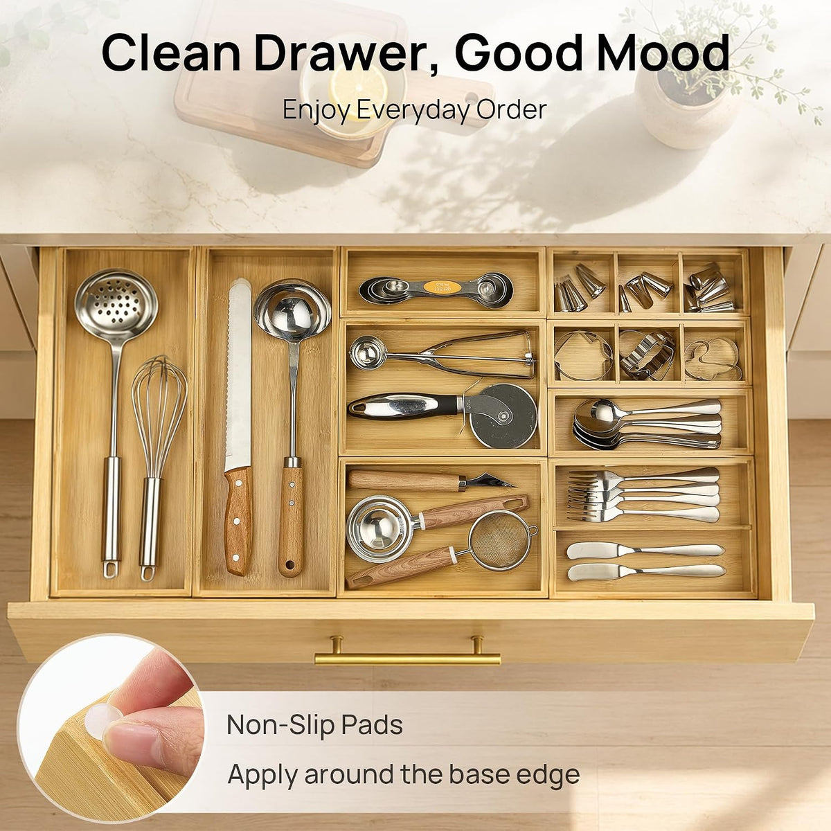 2 Pack Bamboo Drawer Organizer Boxes, Junk Drawer Storage Trays