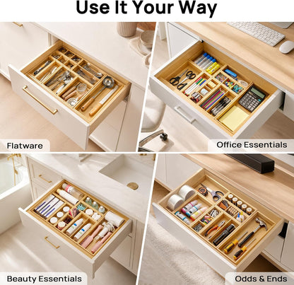 2 Pack Bamboo Drawer Organizer Boxes, Junk Drawer Storage Trays