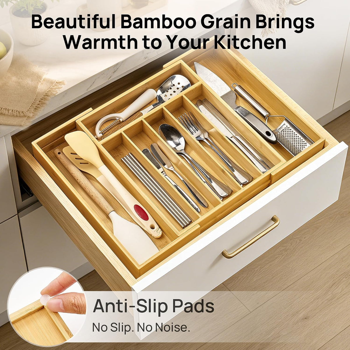 2 Pack Bamboo Drawer Organizer Boxes, Junk Drawer Storage Trays