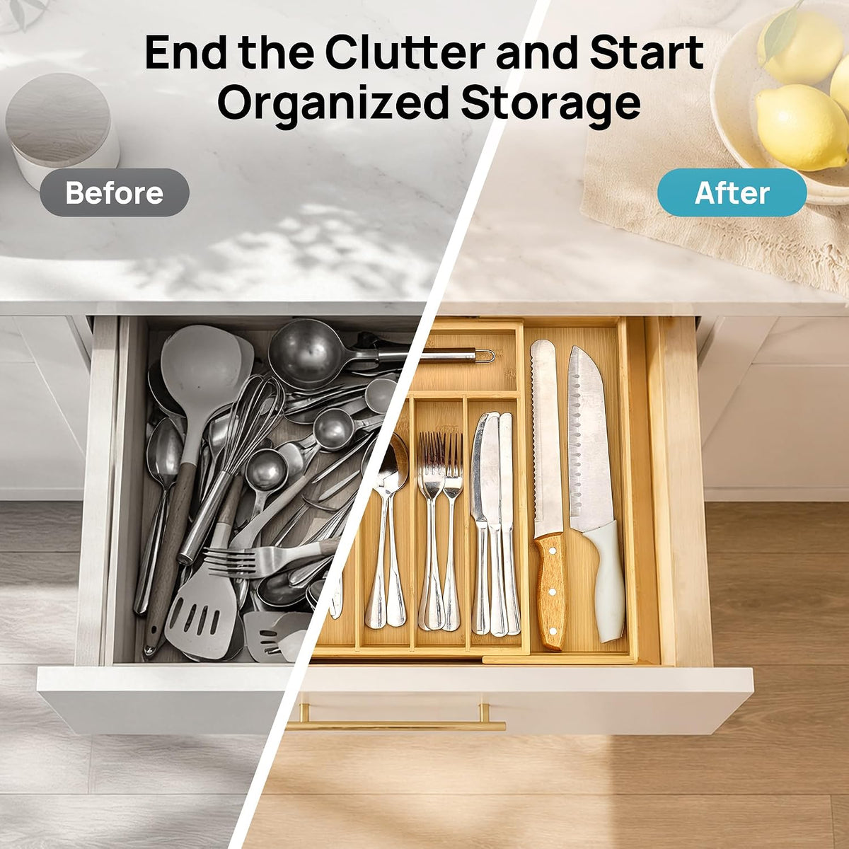 2 Pack Bamboo Drawer Organizer Boxes, Junk Drawer Storage Trays