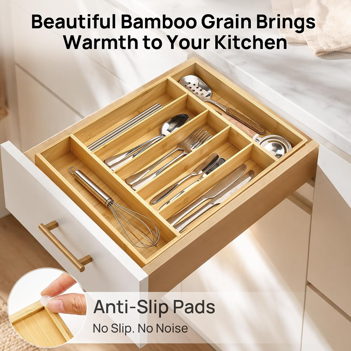 2 Pack Bamboo Drawer Organizer Boxes, Junk Drawer Storage Trays