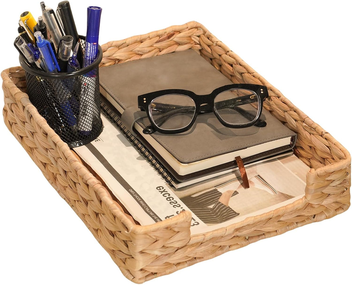 Water Hyacinth Letter Tray for A4 File Desk Mail Letter-Size Paper, Basket Woven Organizer, Magazine Files Storage, Office Document Organizer and Storage