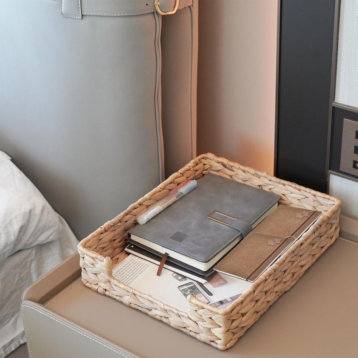 Water Hyacinth Letter Tray for A4 File Desk Mail Letter-Size Paper, Basket Woven Organizer, Magazine Files Storage, Office Document Organizer and Storage