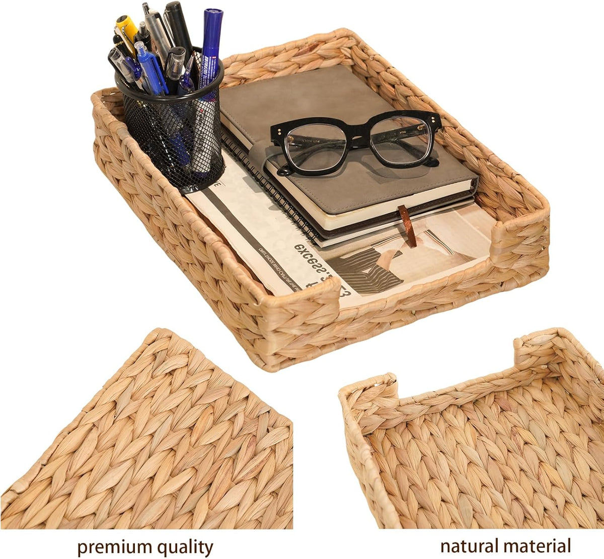 Water Hyacinth Letter Tray for A4 File Desk Mail Letter-Size Paper, Basket Woven Organizer, Magazine Files Storage, Office Document Organizer and Storage