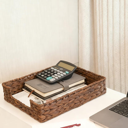 Water Hyacinth Letter Tray for A4 File Desk Mail Letter-Size Paper, Basket Woven Organizer, Magazine Files Storage, Office Document Organizer and Storage