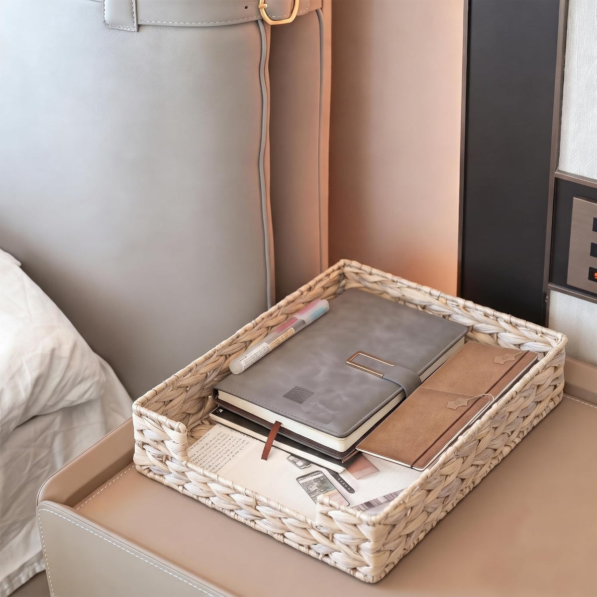 Water Hyacinth Letter Tray for A4 File Desk Mail Letter-Size Paper, Basket Woven Organizer, Magazine Files Storage, Office Document Organizer and Storage