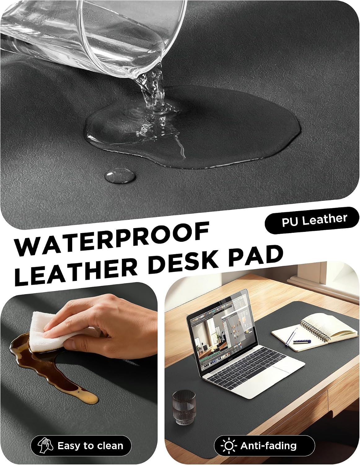 35.4" x 17" Large PU Leather Desk Mat for Keyboard and Mouse - Waterproof Non-Slip Desk Pad Protector for Office, Home, Writing Desk, Black