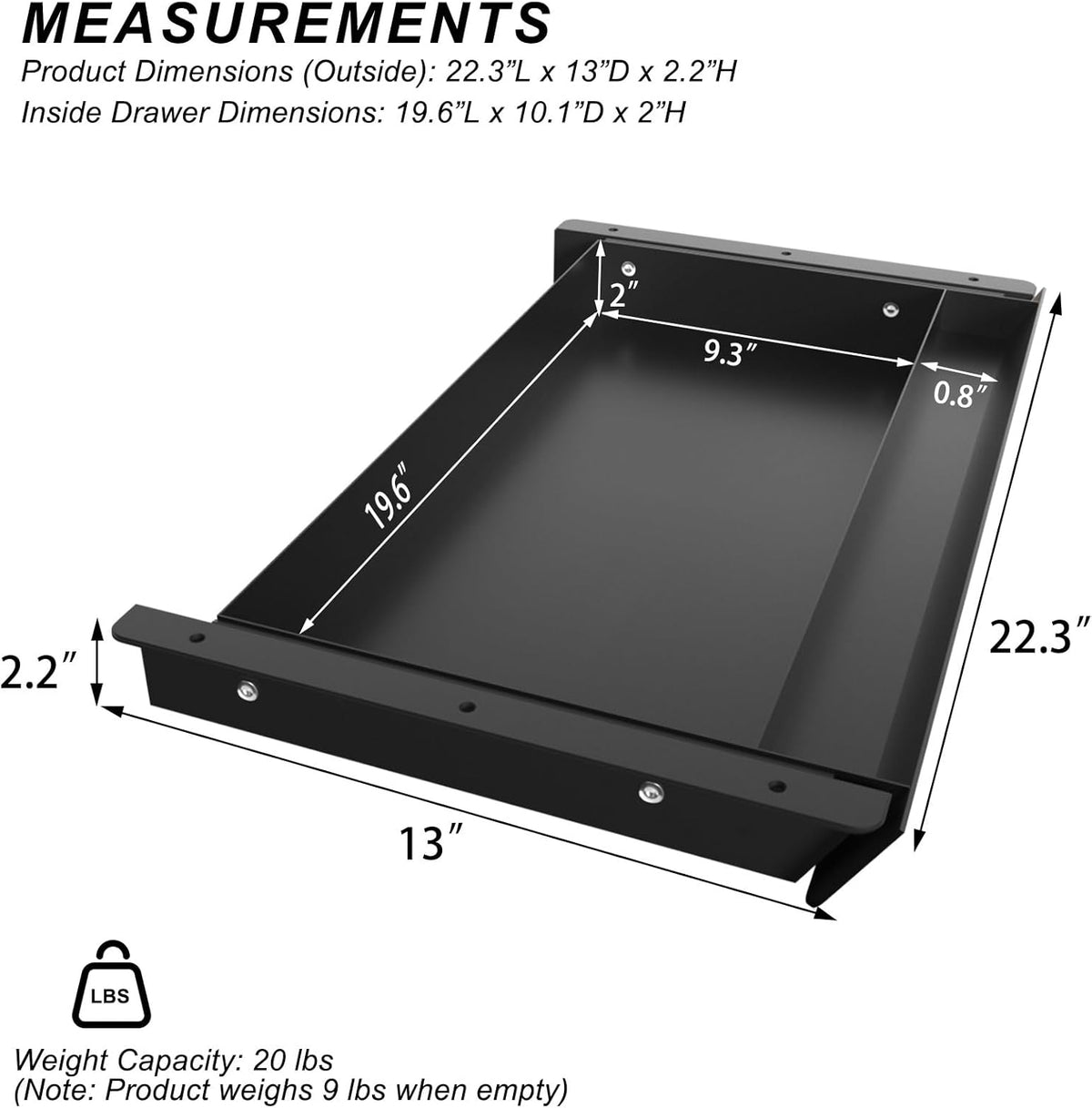Large Under Desk Mounted Sliding Drawer with Pencil Tray and 60 Degree Tilt Panel to Pull Out, 22'' Long & 13'' deep Large Storage Organizer for Sit Stand Workstation