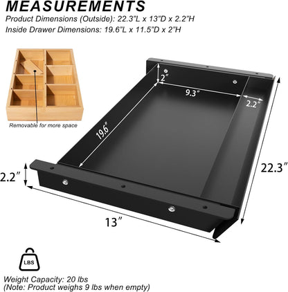 Large Under Desk Mounted Sliding Drawer with Pencil Tray and 60 Degree Tilt Panel to Pull Out, 22'' Long & 13'' deep Large Storage Organizer for Sit Stand Workstation