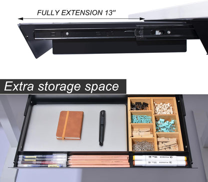 Large Under Desk Mounted Sliding Drawer with Pencil Tray and 60 Degree Tilt Panel to Pull Out, 22'' Long & 13'' deep Large Storage Organizer for Sit Stand Workstation