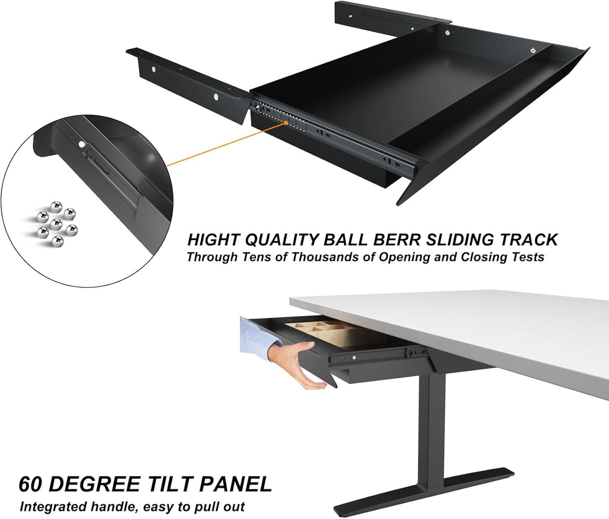 Large Under Desk Mounted Sliding Drawer with Pencil Tray and 60 Degree Tilt Panel to Pull Out, 22'' Long & 13'' deep Large Storage Organizer for Sit Stand Workstation