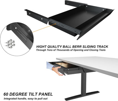 Large Under Desk Mounted Sliding Drawer with Pencil Tray and 60 Degree Tilt Panel to Pull Out, 22'' Long & 13'' deep Large Storage Organizer for Sit Stand Workstation